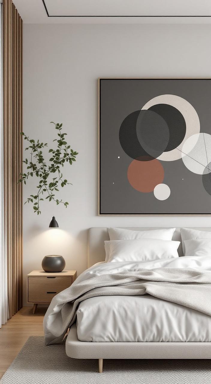 A modern minimalist master bedroom featuring neutral tones, clean lines, and minimalist decor with art.