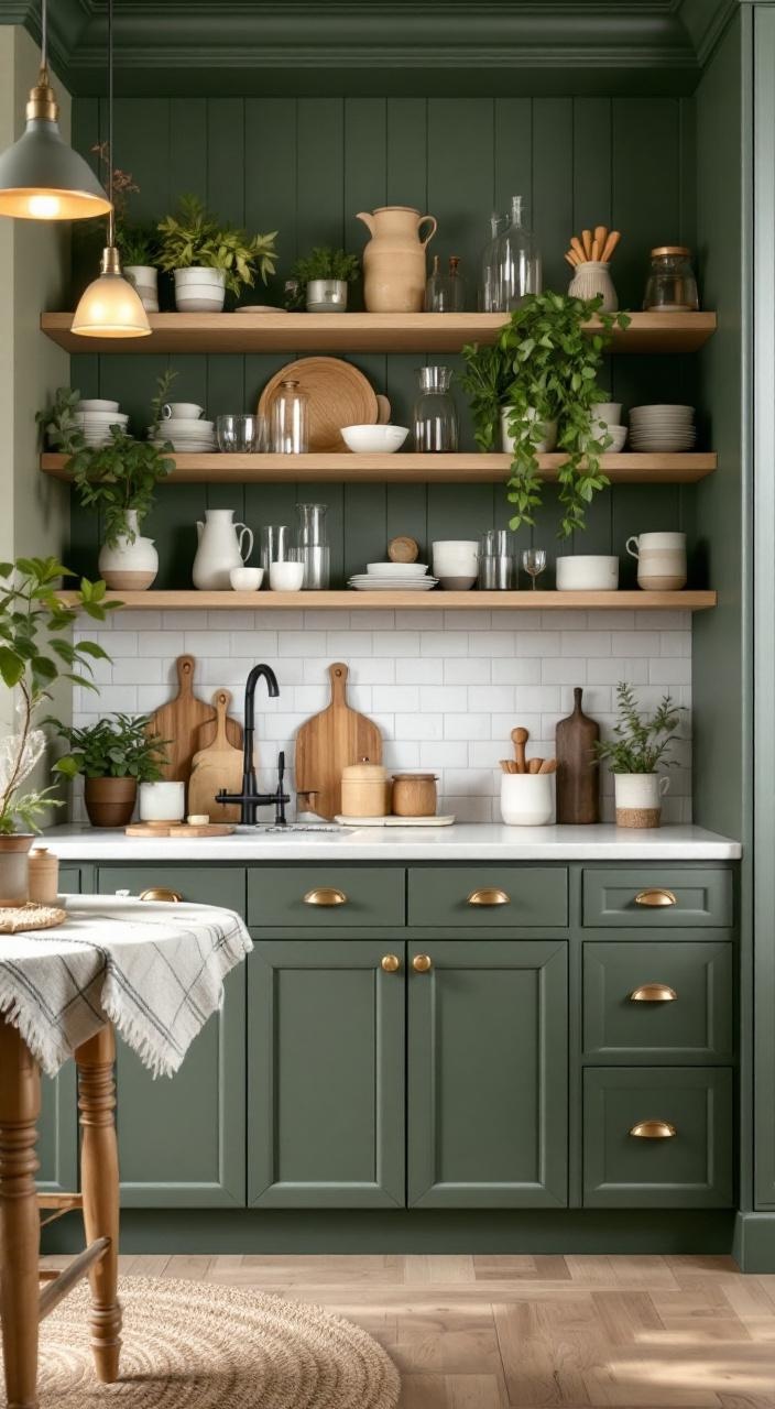 Moss green kitchen cabinets paired with wood elements, warm lighting, and open shelving with plants.
