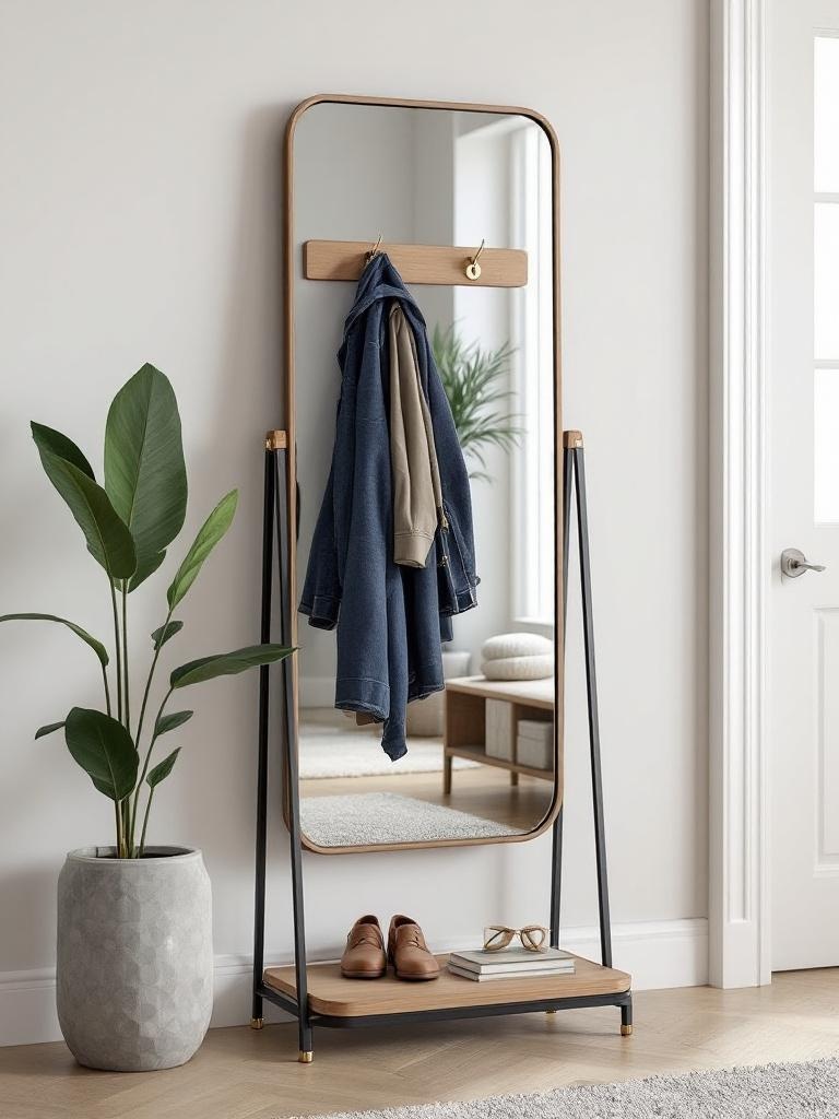A stylish multi-functional mirror stand with hooks for bags and coats, ideal for limited entryway spaces.