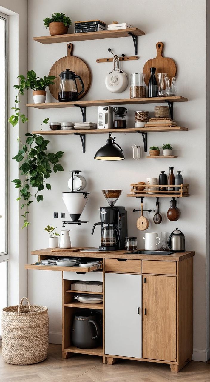 A multifunctional coffee station showcasing various brewing methods and organized storage for supplies.