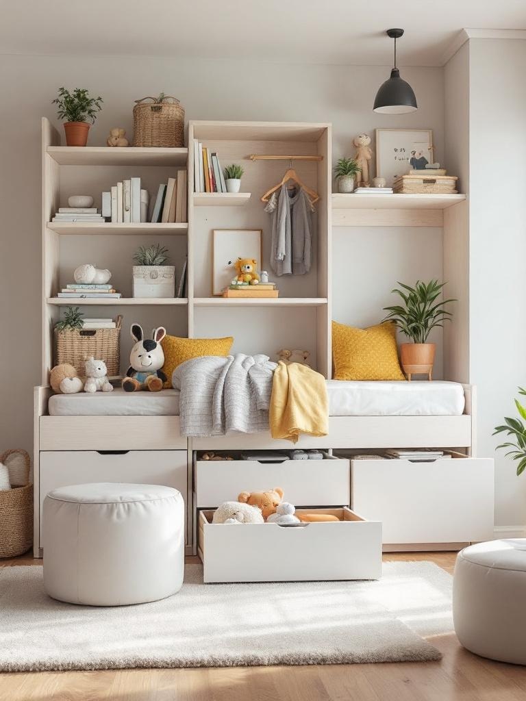 Multifunctional bedroom furniture like beds with drawers and ottomans offers stylish storage solutions.