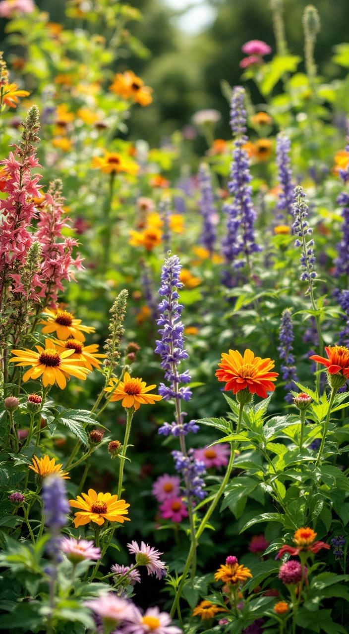 A vibrant pollinator garden featuring native plants like coneflowers and milkweed, supporting ecosystems.