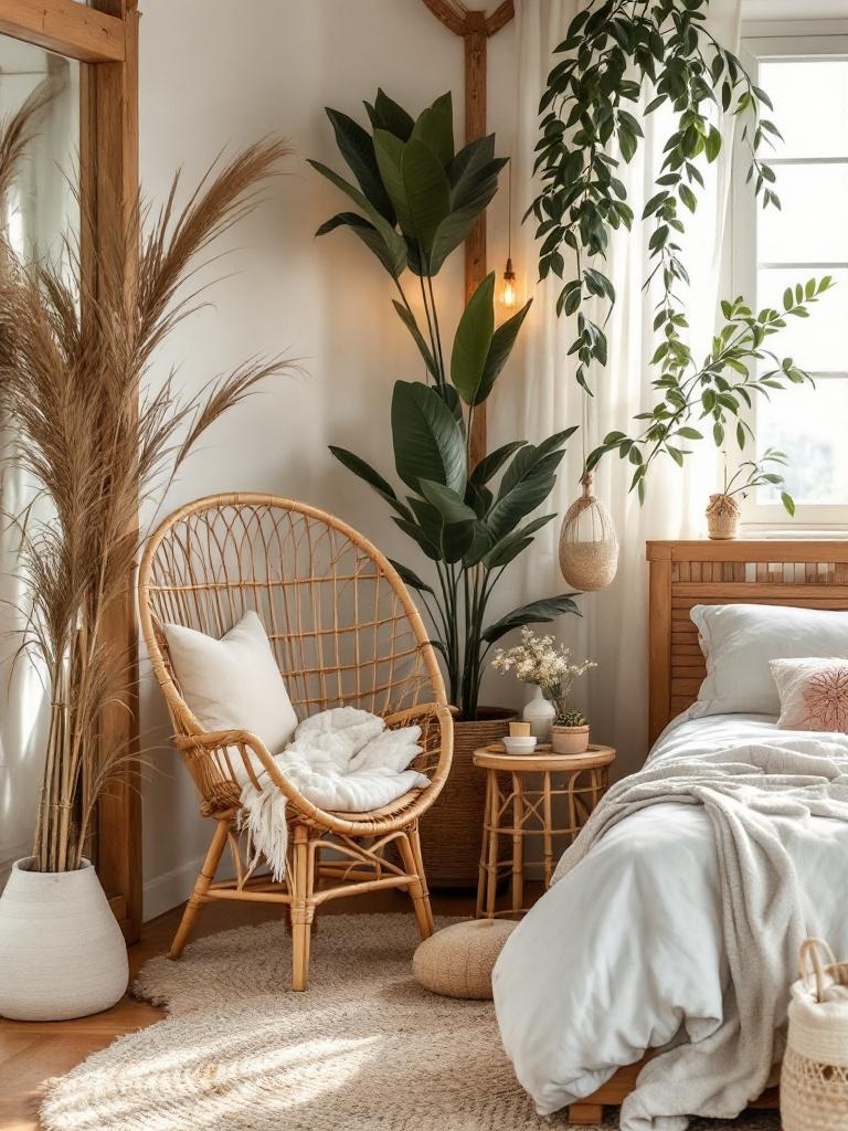 Wooden bed frame and rattan chair in a Boho bedroom, enhancing aesthetics and evoking nature.