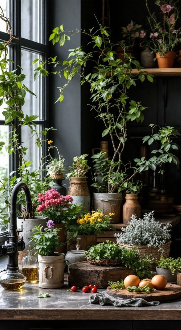A dark rustic kitchen with potted herbs, indoor plants, and fresh flowers in wooden planters.