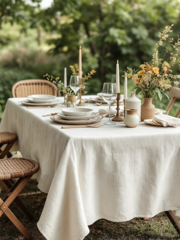 A rustic summer table with a natural linen tablecloth, featuring neutral tones for a relaxed vibe.