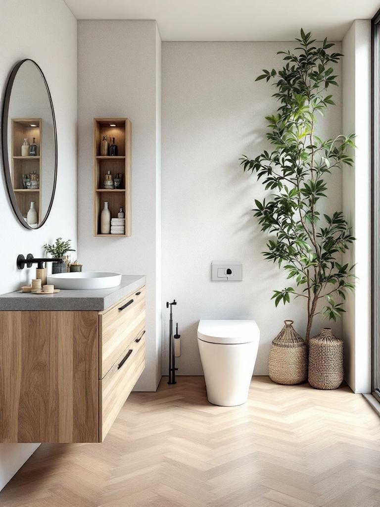 Scandinavian bathroom with wooden vanities, stone countertops, and bamboo accessories for warmth.