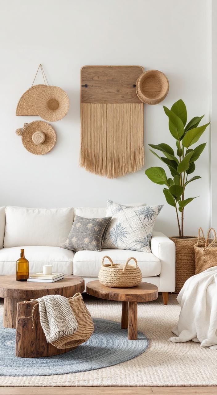 Coastal living room with wood furniture, jute rugs, and rattan baskets, featuring natural textures.