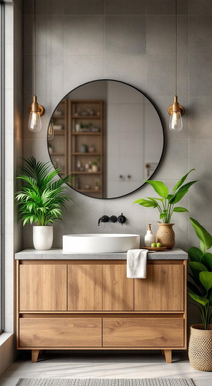 Bamboo, wood, and stone accents create a calming, spa-like bathroom with natural materials.