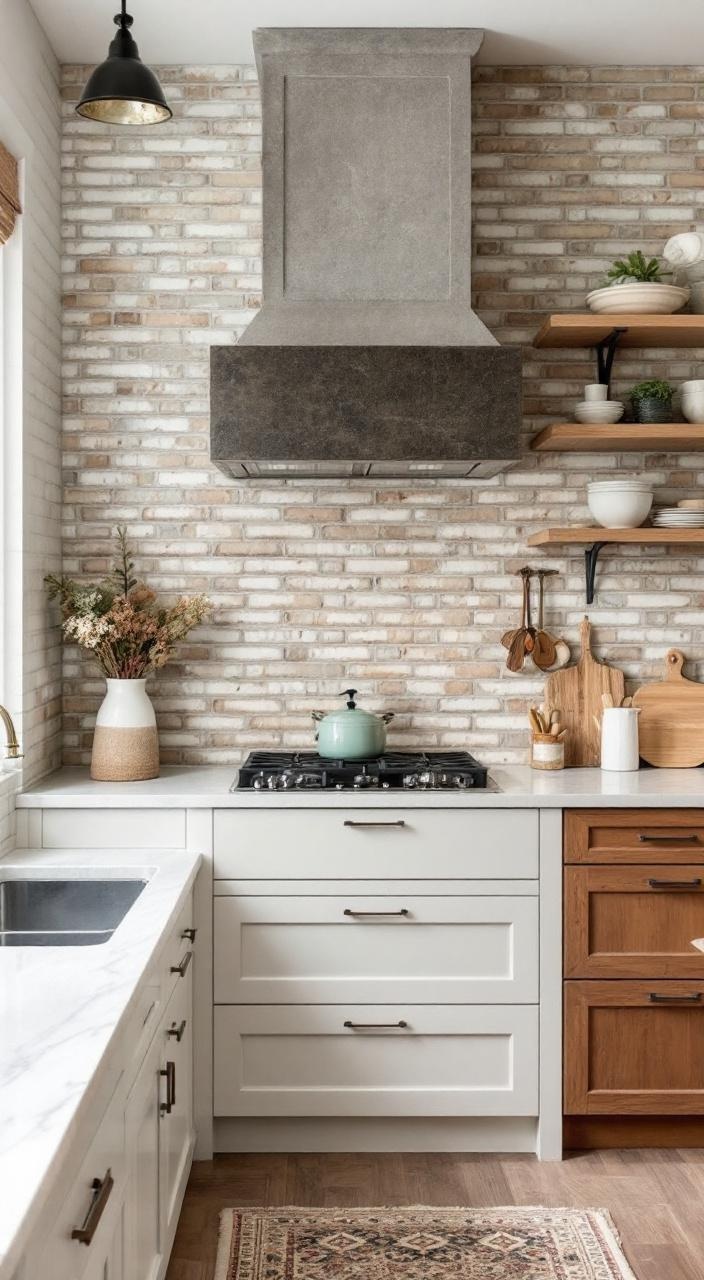 Natural stone bricks in a kitchen, adding earthy tones and a rustic farmhouse aesthetic to the design.