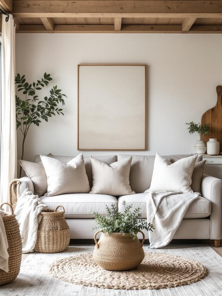 A cozy farmhouse living room featuring cotton and linen throw pillows and curtains for a rustic vibe.