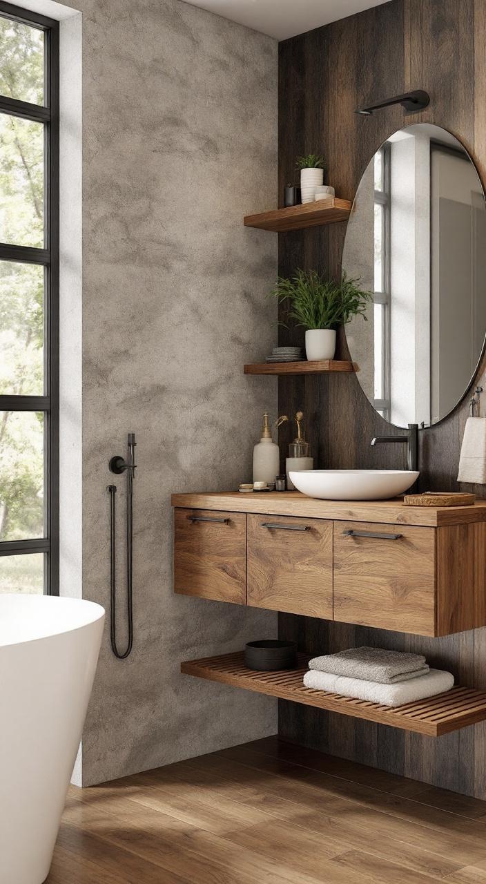 Bathroom featuring natural wood accents with reclaimed wood cabinetry, floating shelves, and modern fixtures.