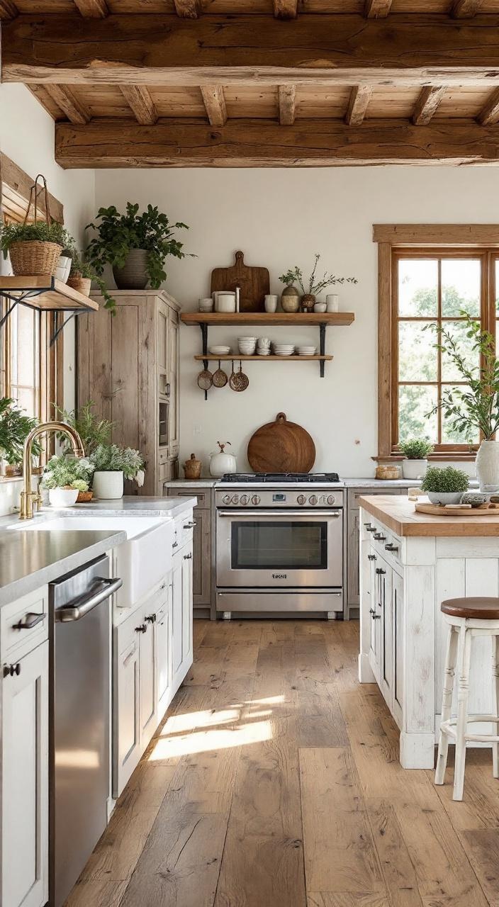 Cottage-style kitchen with natural wood beams, shelving, and a rustic farmhouse dining table showcased.