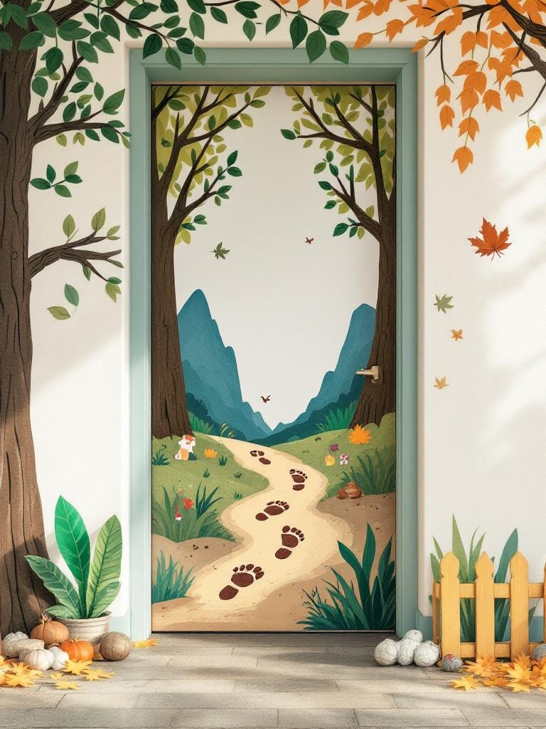 Colorful door decoration with footprints, trees, leaves, and animal tracks promoting exploration and nature.