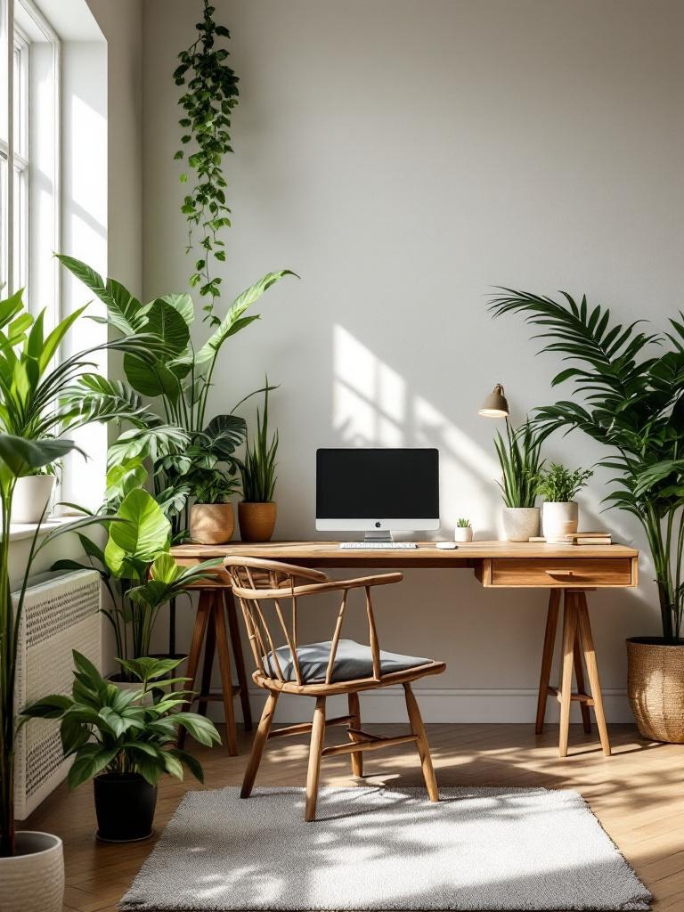 A serene home office with indoor plants, wooden furniture, natural light, and earthy decor elements.