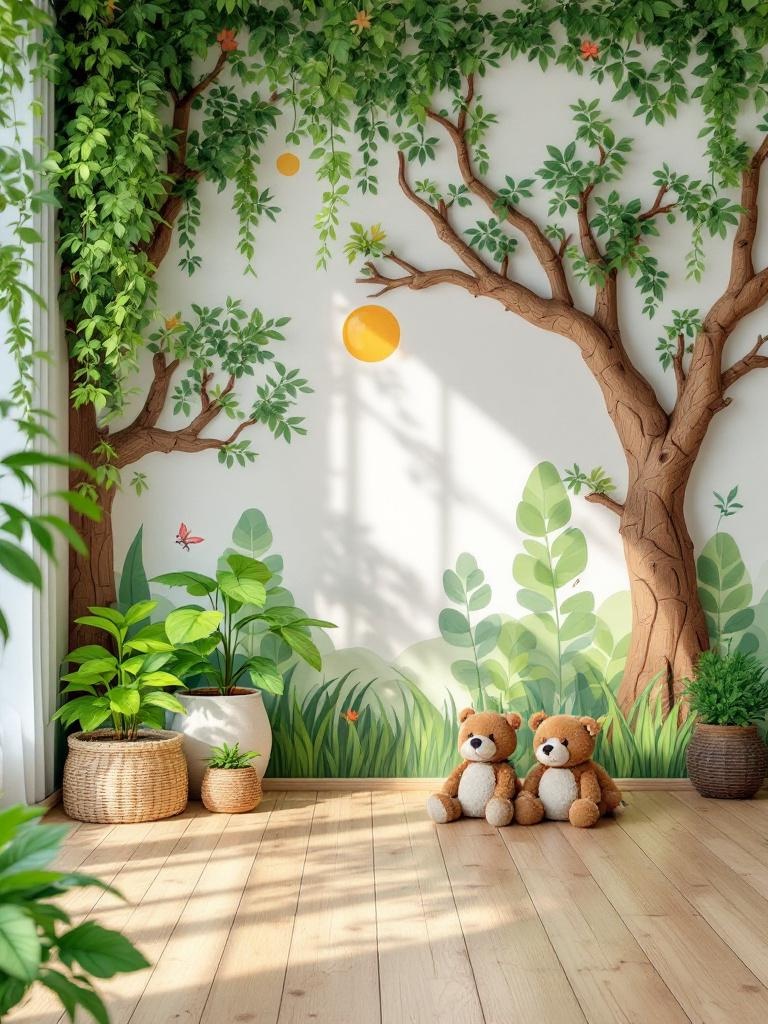 Colorful daycare room with nature murals, wooden decor, and indoor plants for a calming environment.