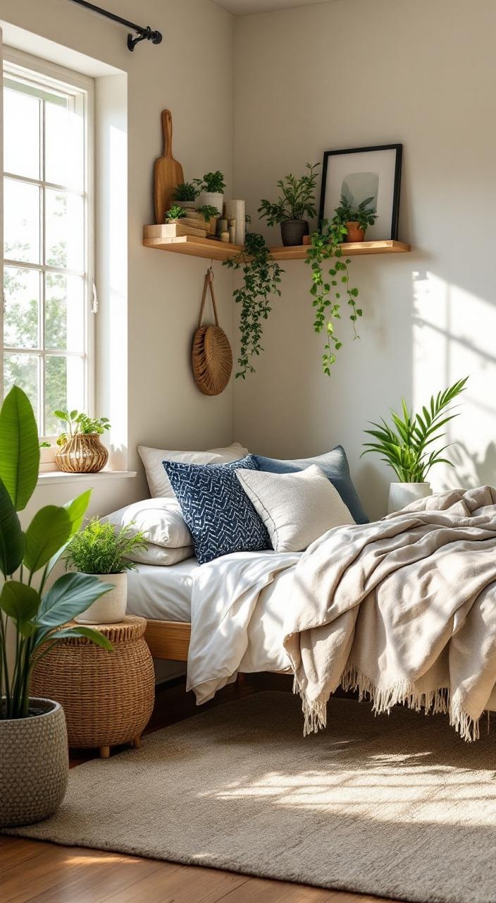 Dorm room filled with indoor plants, natural materials, and calming decor for a nature-inspired retreat.