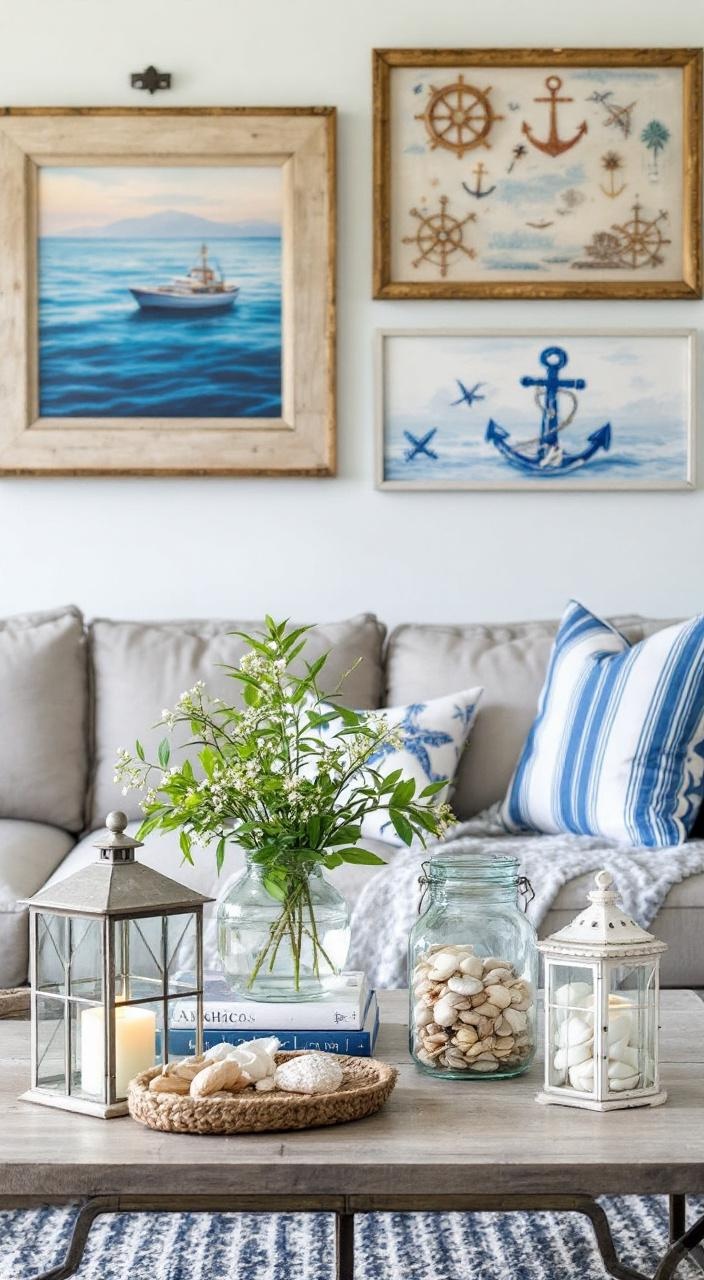 Nautical-themed living room with anchors, ship wheels, marine art, pillows, lanterns, and seashells.