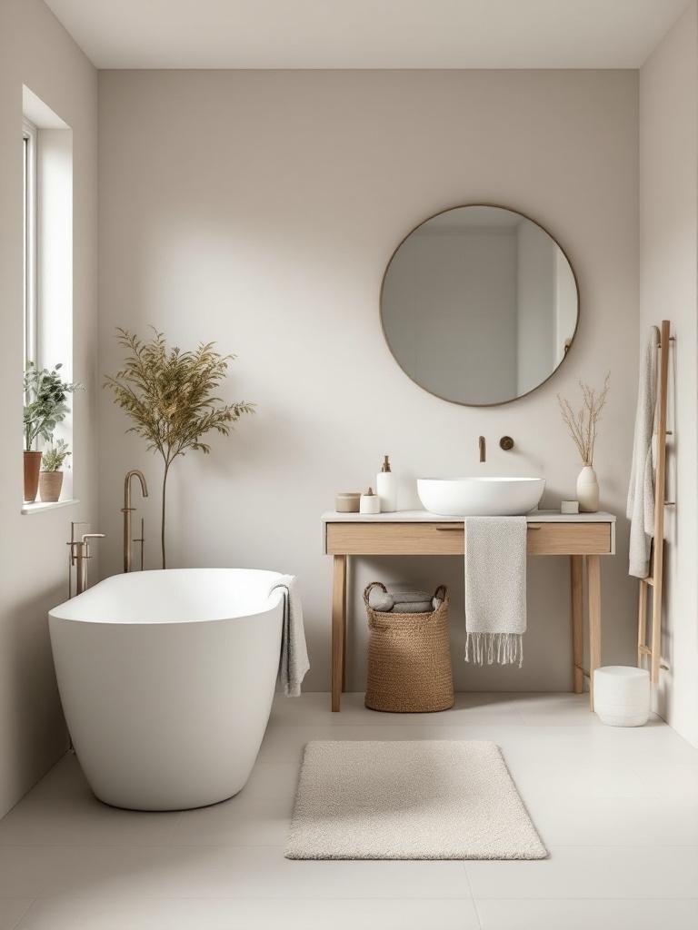 A serene Scandinavian bathroom with neutral colors, matte finishes, and textured accessories for warmth.