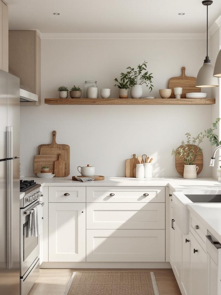 Modern farmhouse kitchen with neutral colors, accents of pastels, and a bright, inviting atmosphere.
