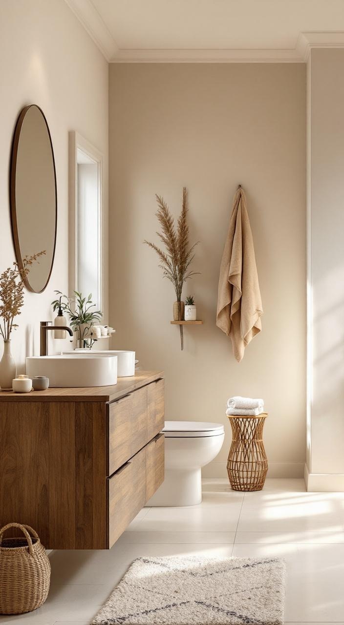 A serene bathroom painted in soft neutral tones with wooden accents and natural materials for relaxation.