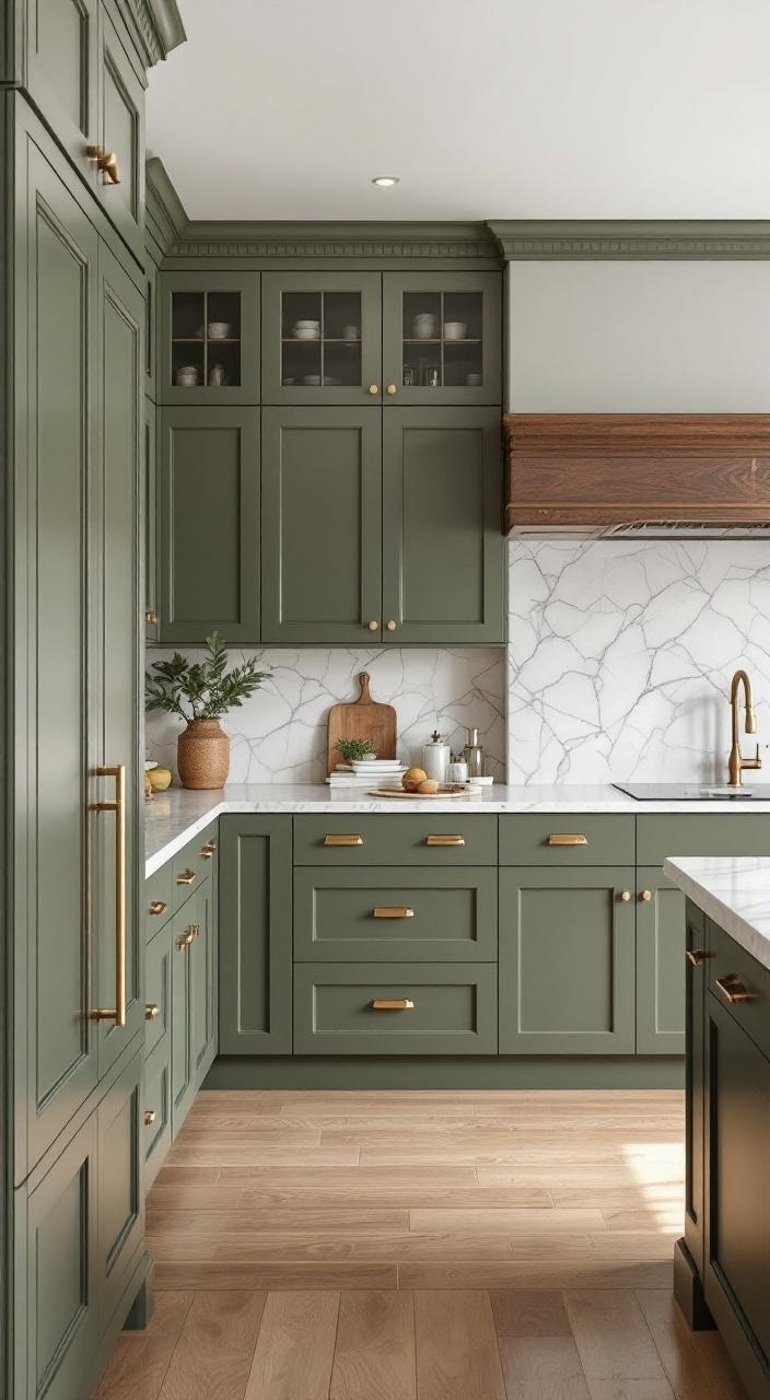 Olive green cabinets with brown accents and gold hardware create a sophisticated and elegant kitchen design.
