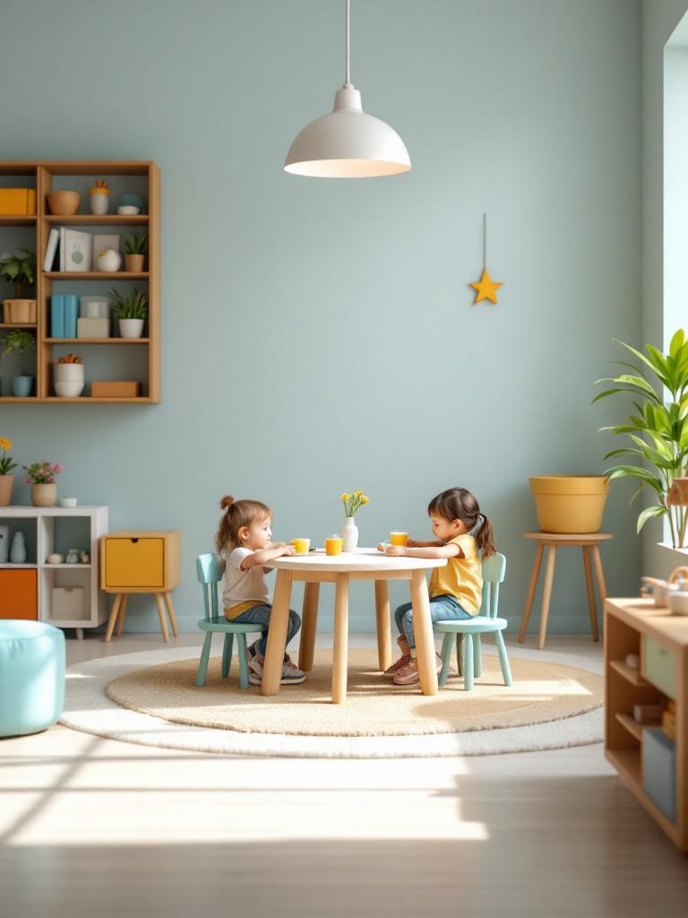 Children interacting at large tables in open spaces that promote teamwork, discussions, and friendships.