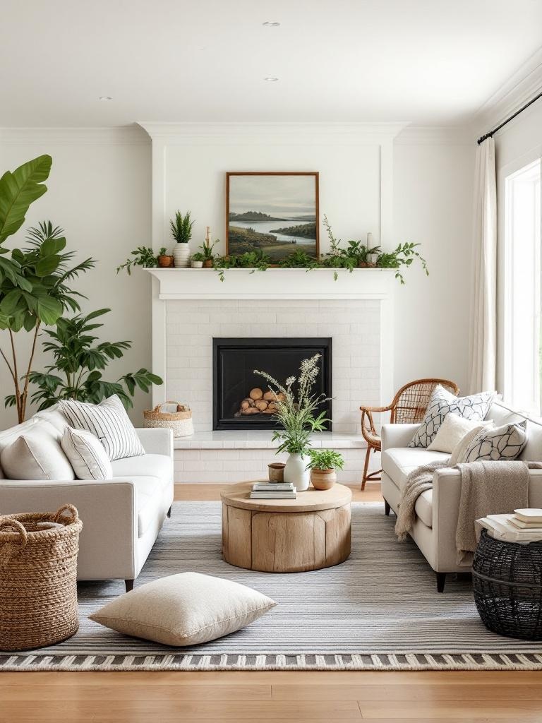Bright farmhouse living room with open-concept layout, inviting furniture arrangement for summer gatherings.