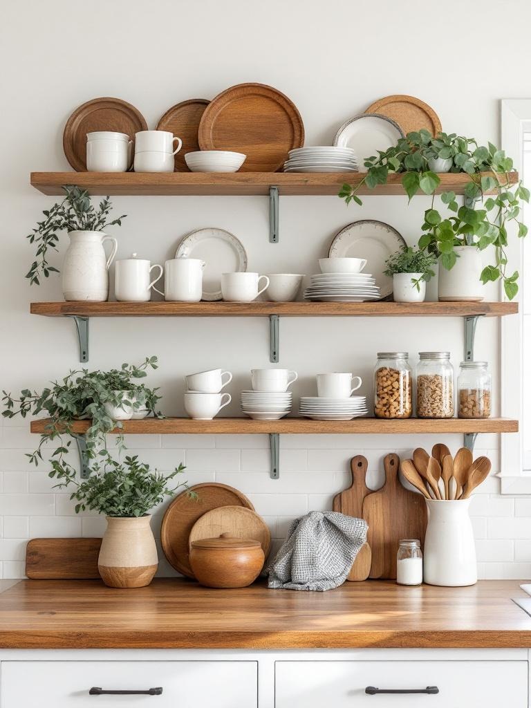Open shelving in a rustic kitchen displaying vintage dishes, plants, and jars, creating inviting decor.
