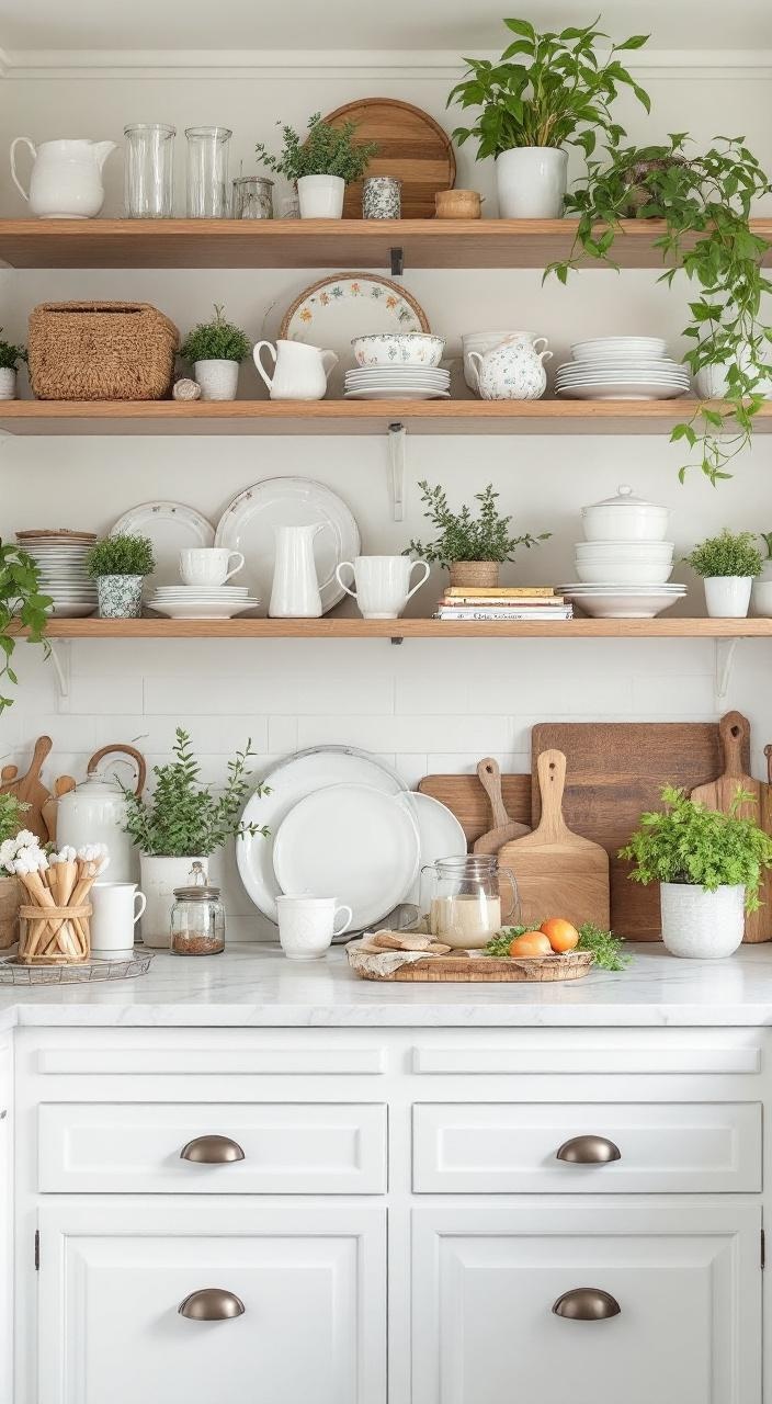 Cottage kitchen with open shelving displaying dishware, glassware, cookbooks, and potted herbs.