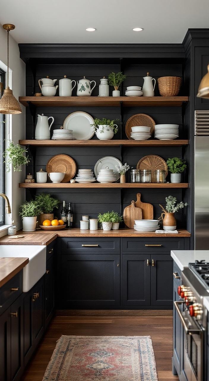 Open shelving in dark finish enhances a rustic kitchen, blending style, storage, and inviting atmosphere.
