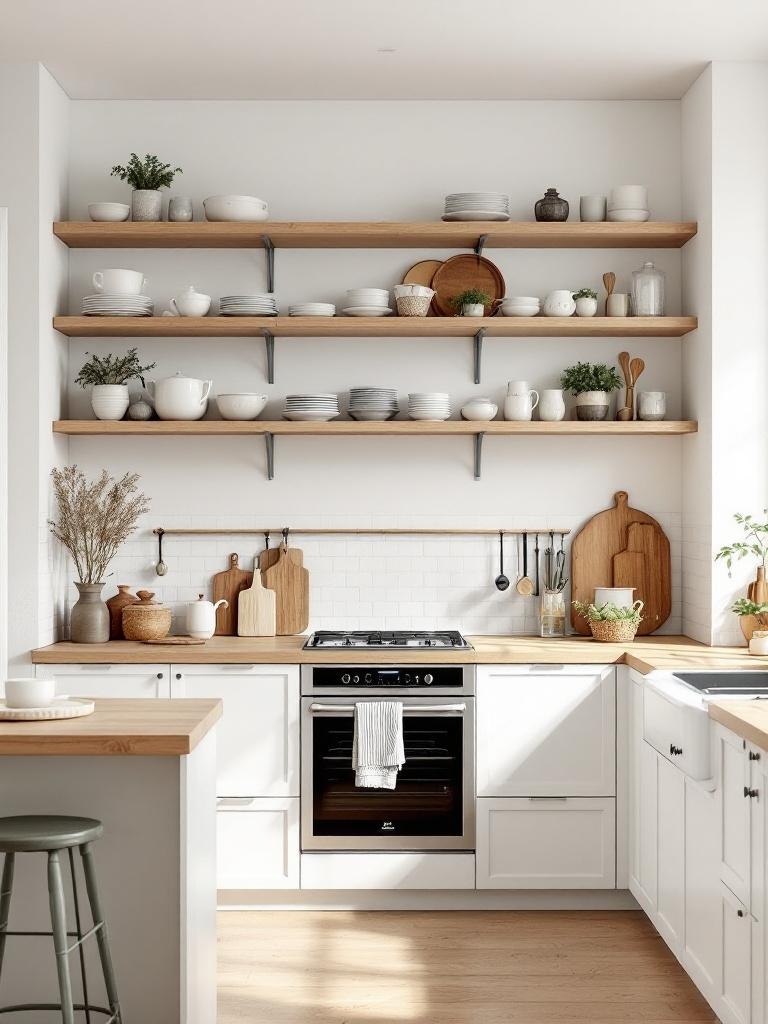 Open shelving in a white and wood kitchen displaying dishware, adding warmth and an airy aesthetic.