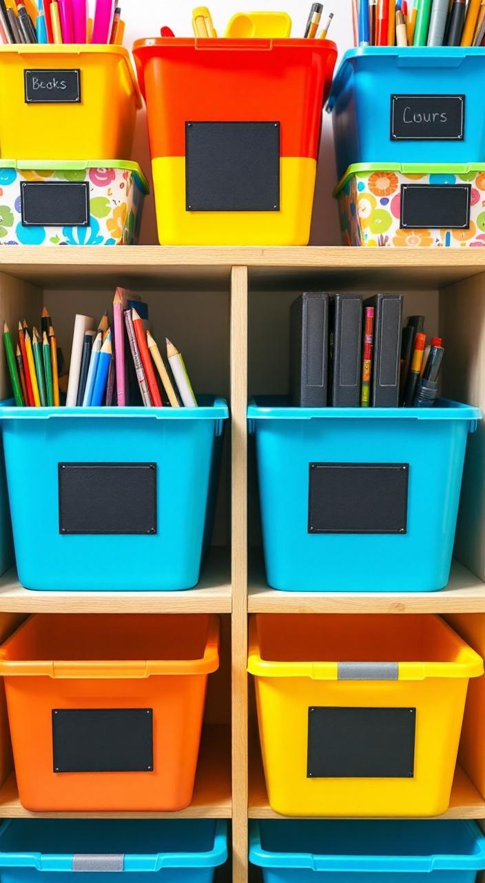 Colorful organizational bins in a classroom offer storage and teach students organization and responsibility.
