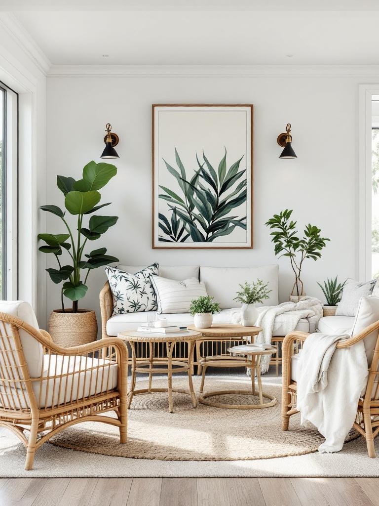 Farmhouse living room with wicker furniture, botanical prints, and beach-themed art for summer ambiance.