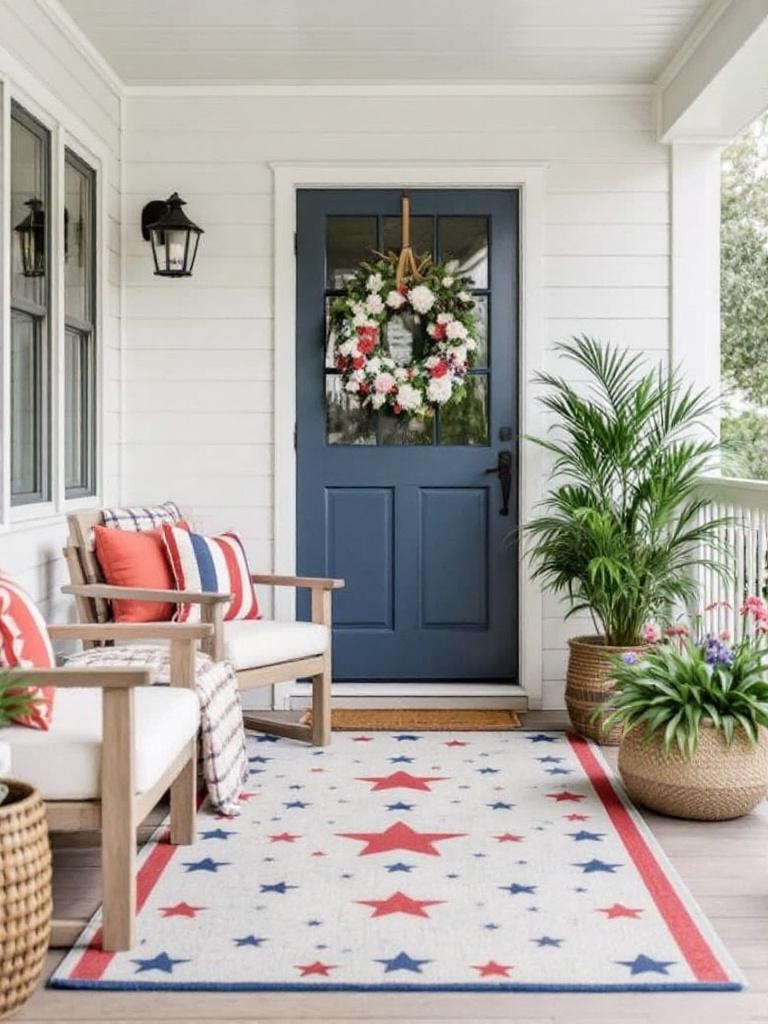 Outdoor rug with stars and stripes design, enhancing a patriotic Fourth of July porch decor.