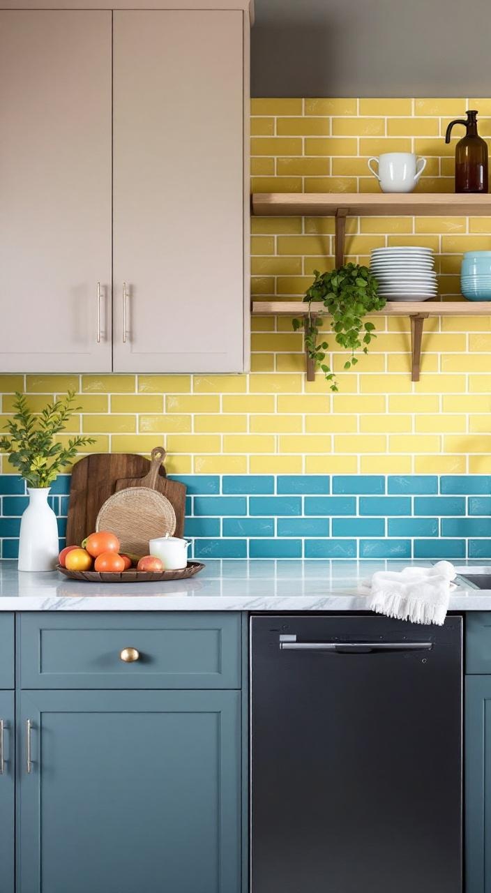 A vibrant painted brick backsplash enhances kitchen creativity with bold colors and easy style updates.