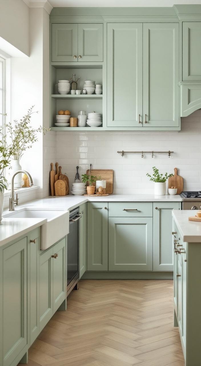Pale green kitchen cabinets create a minimalist, bright, and spacious aesthetic with sleek hardware.