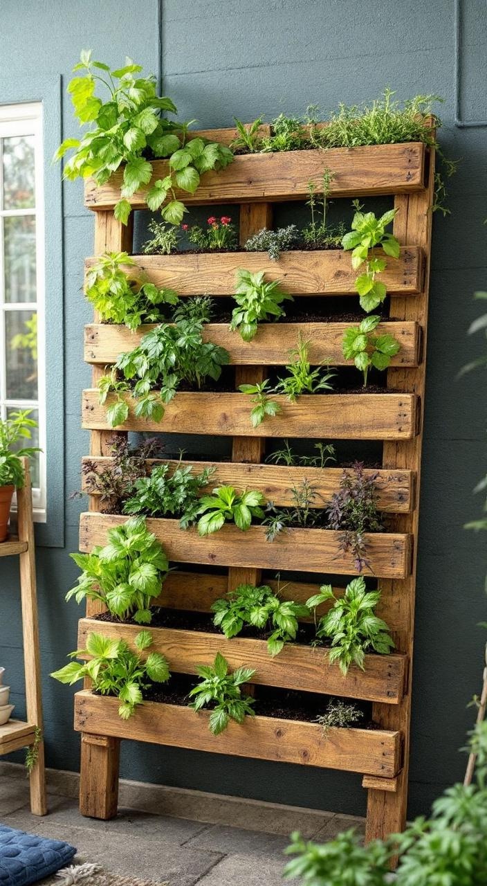 A vertical garden made from a wooden pallet filled with herbs, leaning against a wall for display.