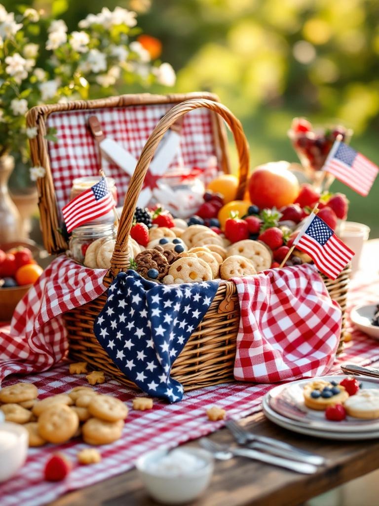 A picnic basket centerpiece filled with treats, lined with checkered cloth, and decorated for July 4th.