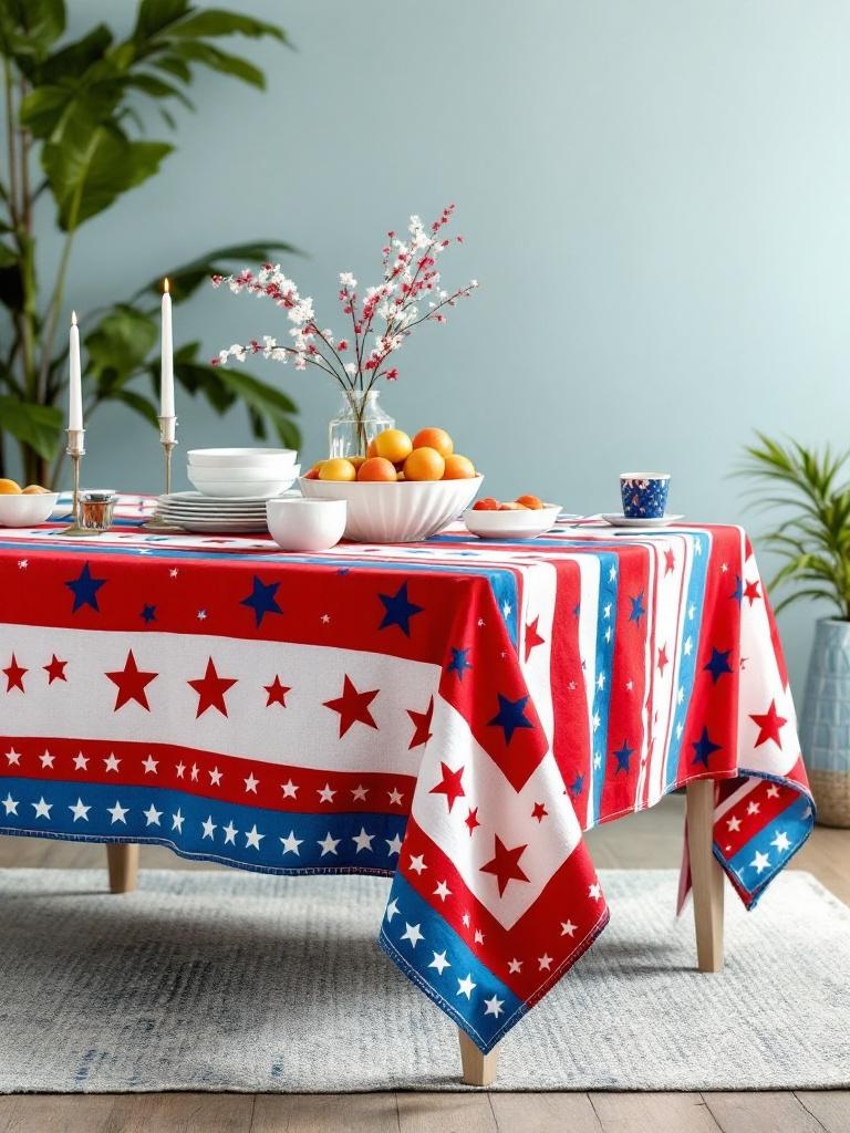 A festive tablecloth in red, white, and blue sets the tone for a Fourth of July celebration.