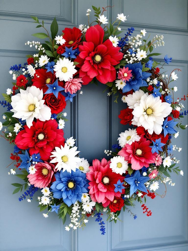A patriotic wreath made of red, white, and blue flowers, perfect for Fourth of July celebrations.