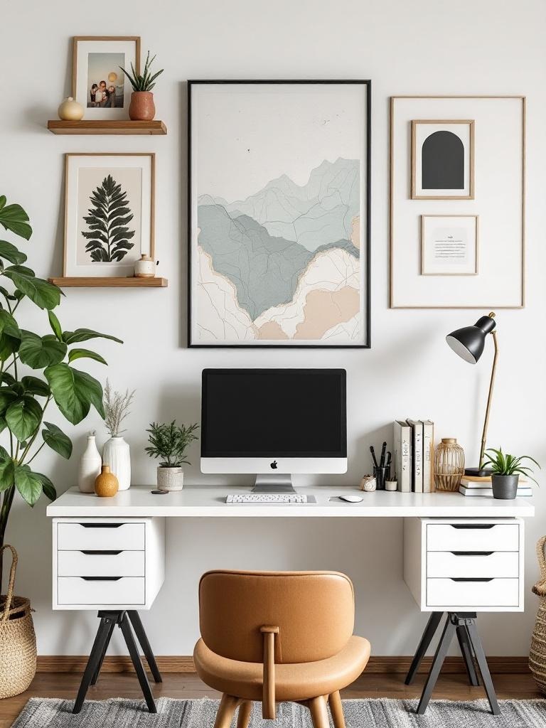 Home office with personal touches like family photos, artwork, and travel souvenirs for inspiration.