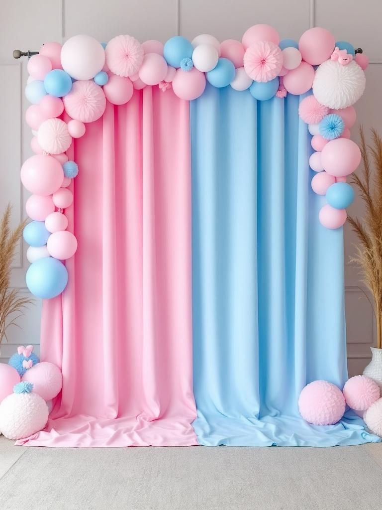 A vibrant gender reveal photo booth backdrop with baby-themed props in pink and blue colors.
