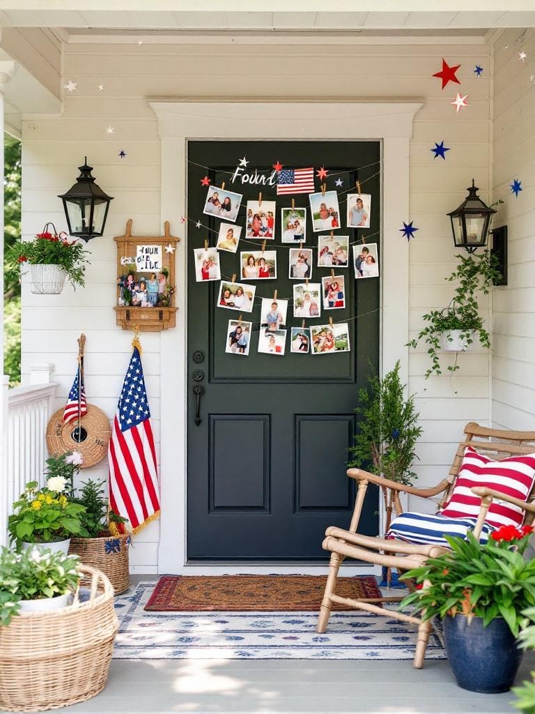 Porch photo display with family pictures, props, and festive decorations for Fourth of July memories.