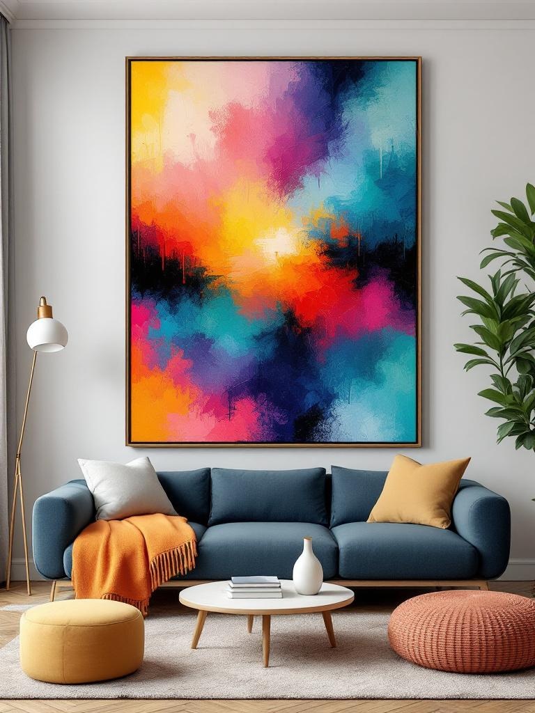 A vibrant living room with colorful artwork, including large paintings and a gallery wall arrangement.