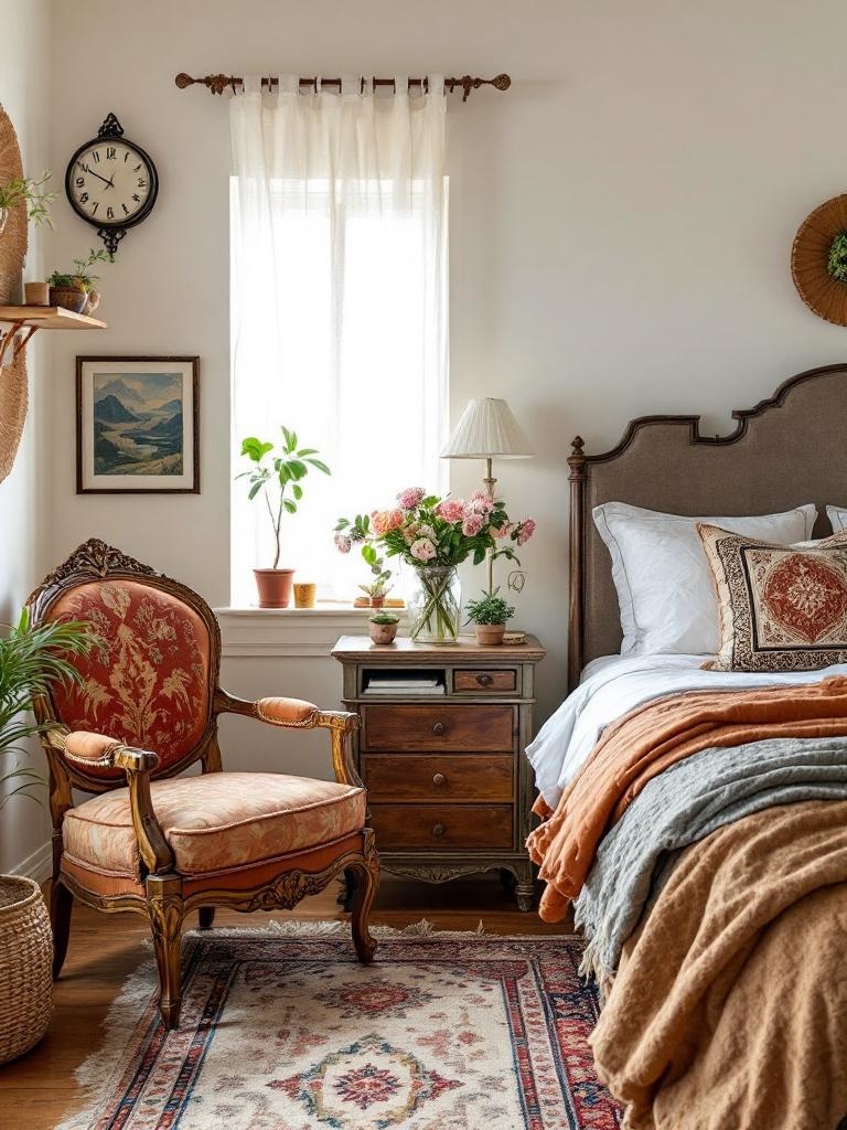 Quirky antique furniture, like a unique bedside table and ornate chair, adds charm to a Bohemian bedroom.