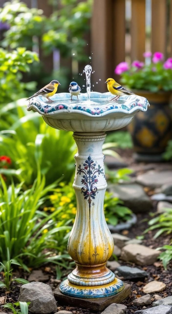 Old birdbath transformed into a charming water fountain, enhancing garden ambiance and attracting wildlife.