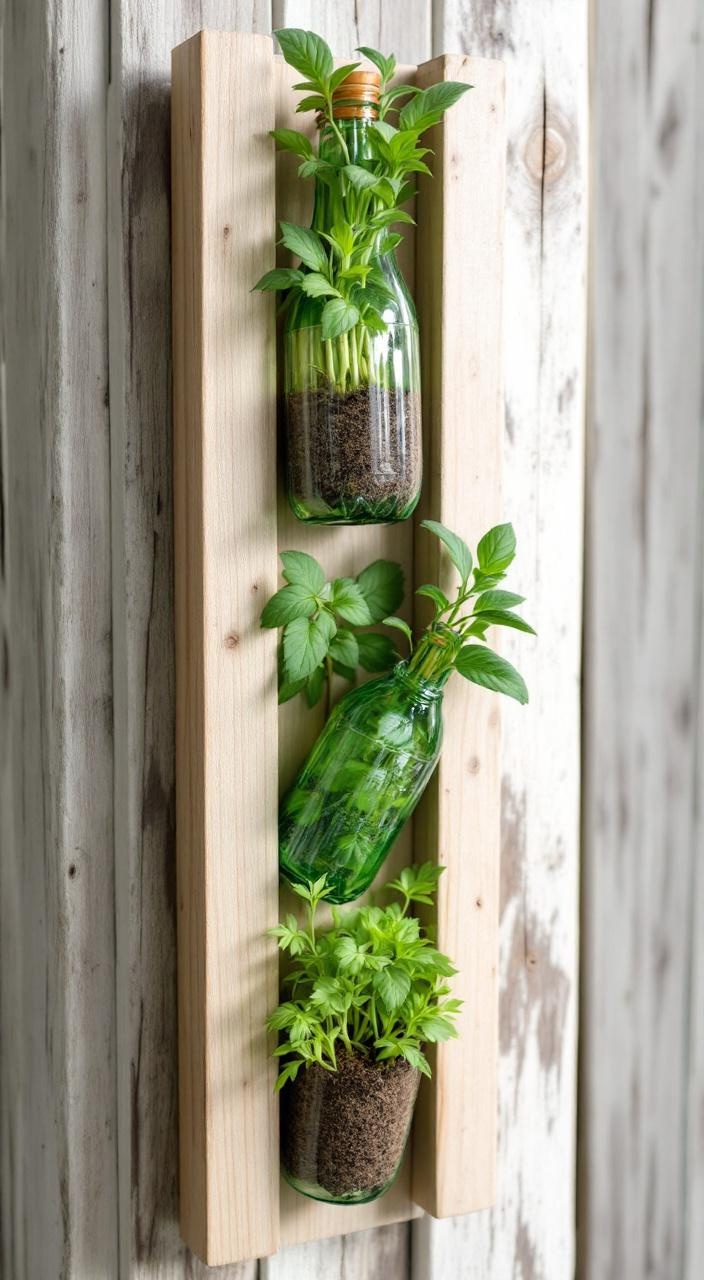 Vertical herb garden made from cut plastic bottles, showcasing eco-friendly recycling and creativity.