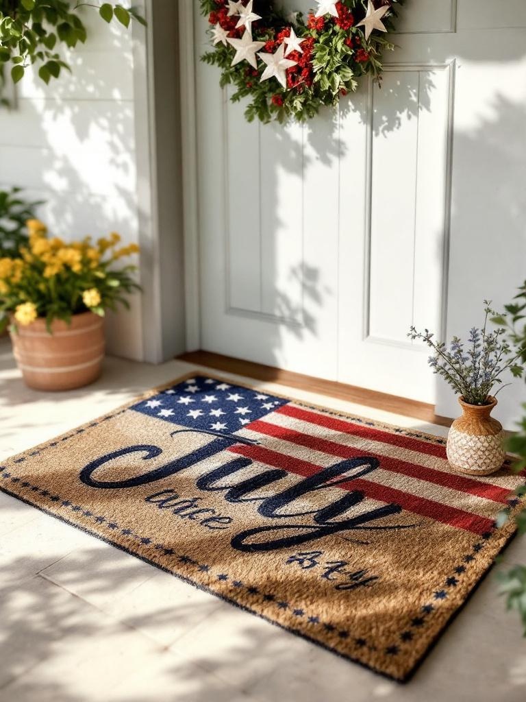 A July 4th doormat with patriotic stars and stripes, adding festive charm to an entrance.