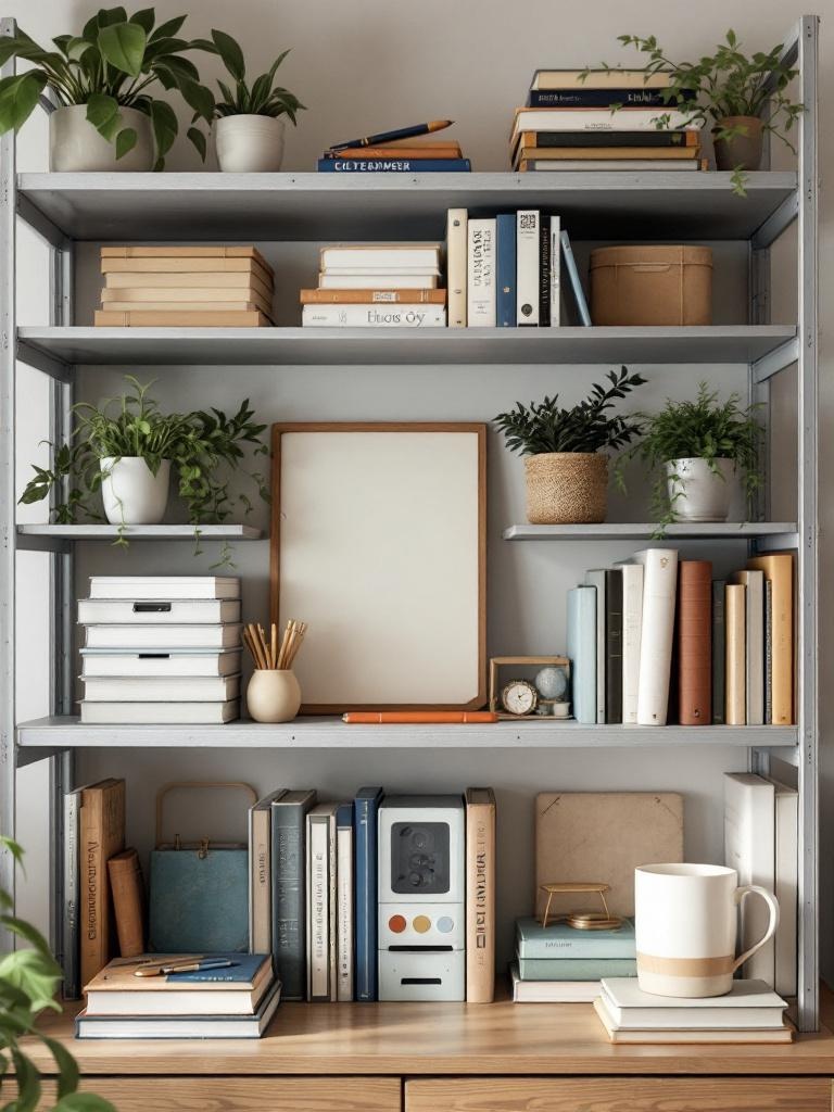A vibrant shelf with books, decor, and study supplies, promoting an engaging learning environment.
