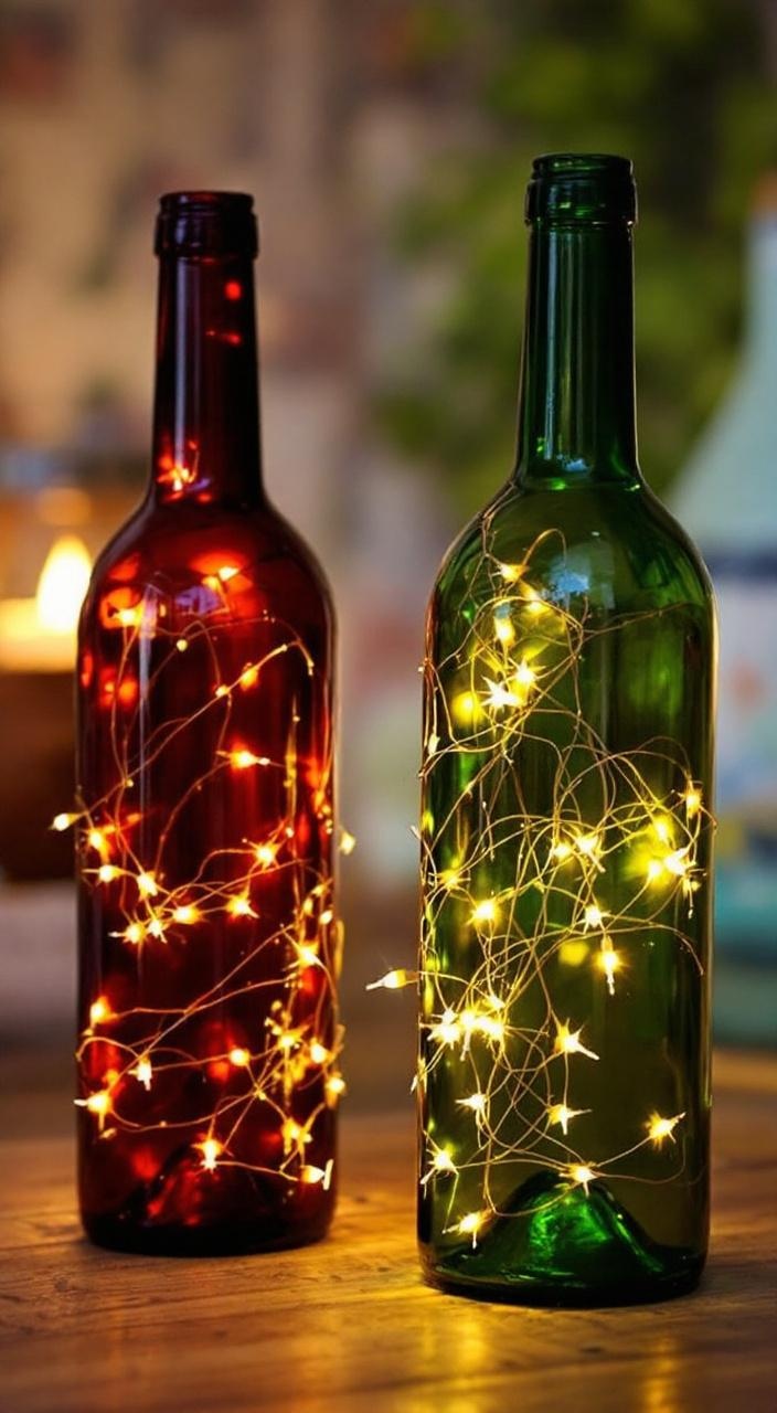 Old wine bottles transformed into outdoor fairy lights and oil lamps, creating a warm, colorful glow.